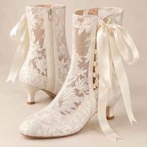 May include: A pair of ankle boots featuring white floral lace overlays on a sheer mesh base. The boots have a low kitten heel, a side zipper closure, and a decorative cream-colored satin ribbon tied in a bow at the top of the outer side panel.