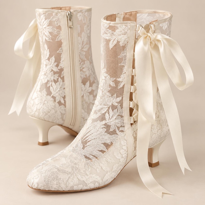 May include: A pair of ankle boots featuring white floral lace overlays on a sheer mesh base. The boots have a low kitten heel, a side zipper closure, and a decorative cream-colored satin ribbon tied in a bow at the top of the outer side panel.
