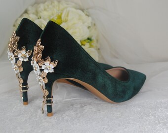 Green Velvet Wedding Heels: Handmade Cherry Blossom Bridal Shoes