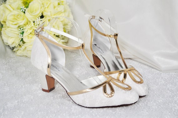 Satin & Lace Vintage Inspired Ivory Gold T Bar Wedding Shoes | Etsy