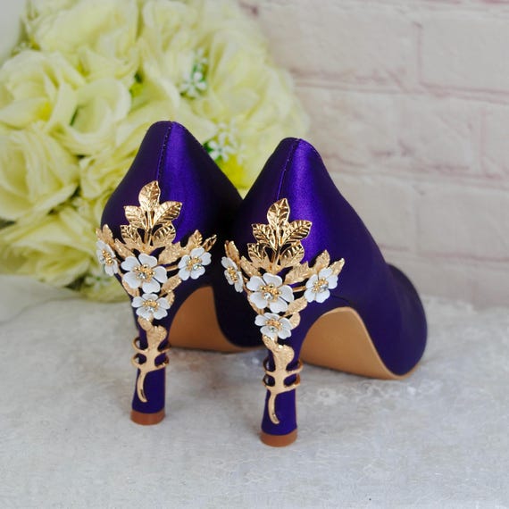 purple dress gold shoes Satin Round Toe Shoes: Flower Heels Custom Colours 18.5 34/35