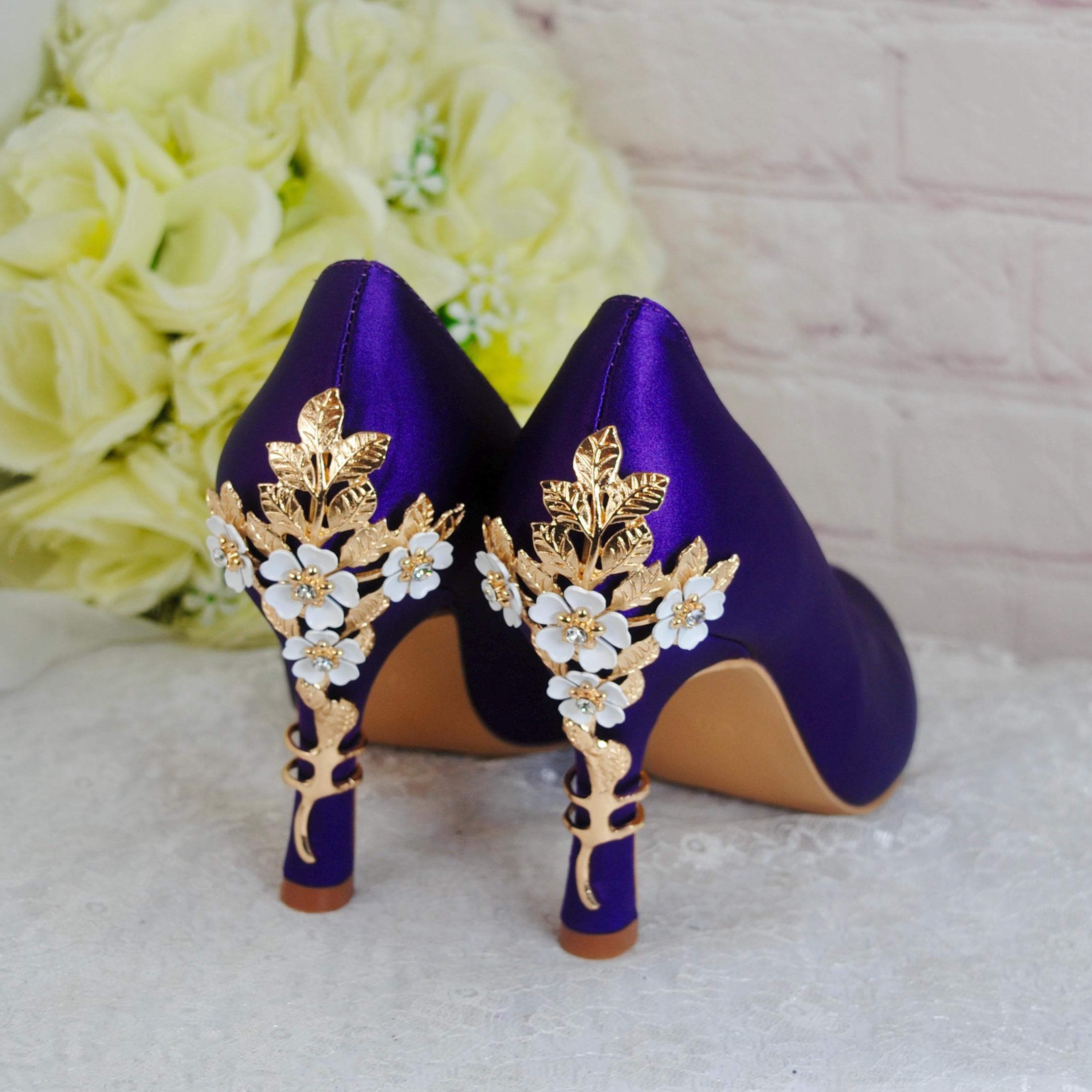 purple dress and gold shoes Satin Round Toe Shoes: Flower Heels Custom Colours purple dress with gold accessories