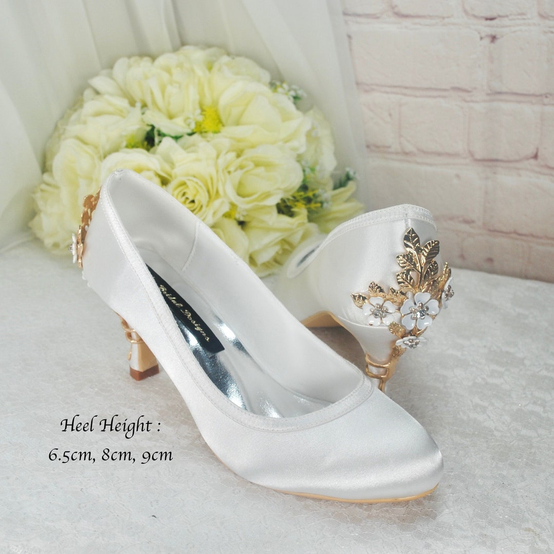 White Satin Wedding Shoes: Round Toe Bridal Heels With Cherry Blossom ...