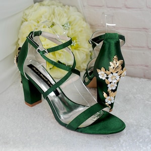 Emerald Green Bridal Sandals: Handmade Satin Block Heel Shoes with Floral Embellishment