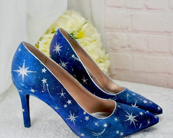 Blue Satin Celestial Wedding Shoes: Hand-Painted Galaxy Bridal Heels