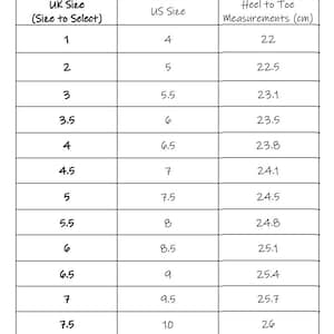 a table with numbers and measurements for shoes