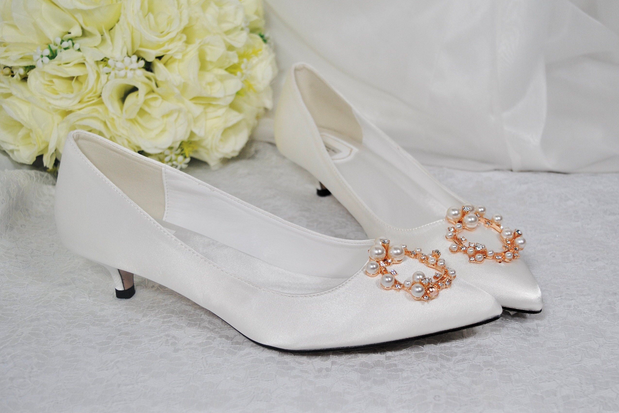 White satin kitten heels sale