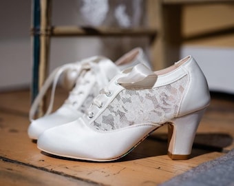 Block Heel Bridal Boots: Vintage Victorian Satin & Lace Wedding Booties