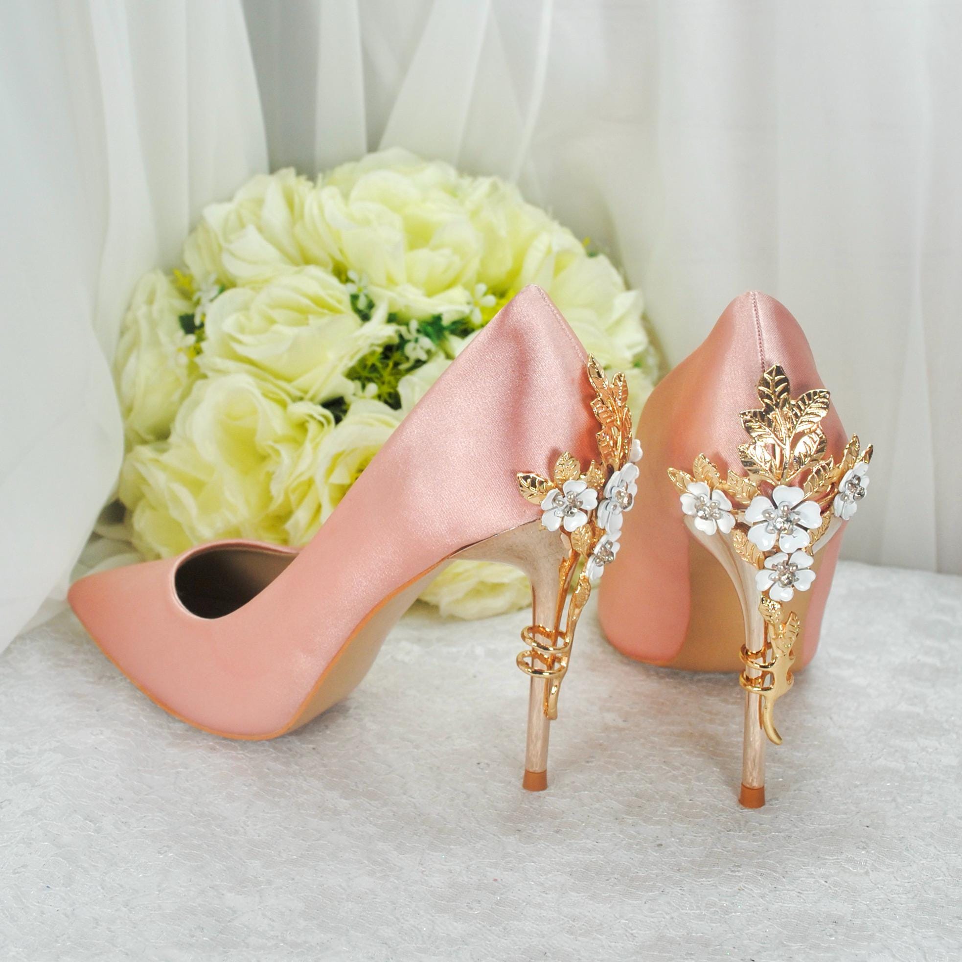 pink dress gold heels Blush Satin Heels: Golden Cherry Blossom Floral Embellishment luxury pink dress gold heels