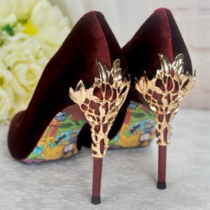 Burgundy Velvet Stiletto Heels with Gold Vine Details, Wine Red Handmade Luxury Bridal Shoes image 3