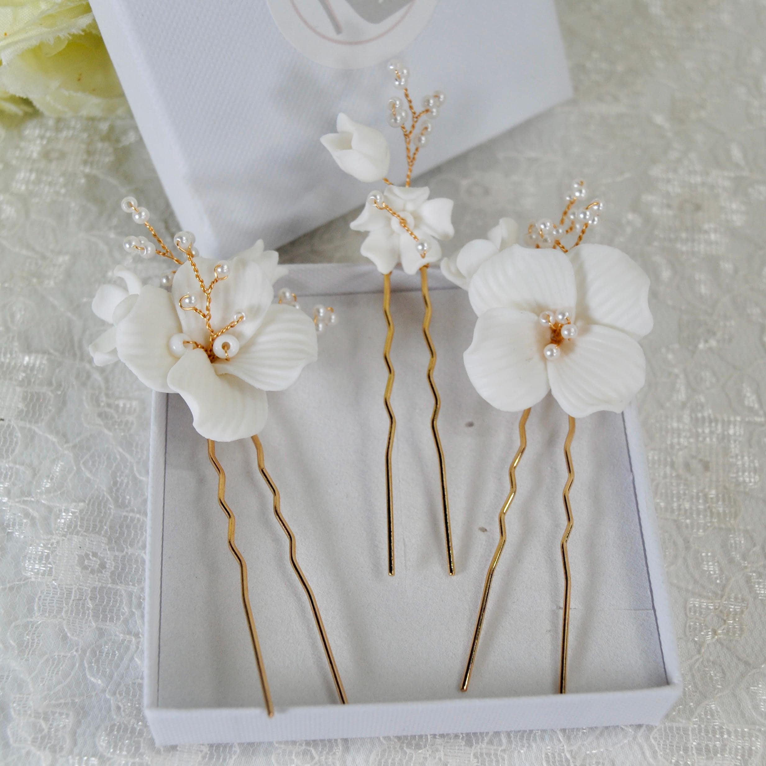 Handmade Gold or Silver Ceramic Flower Hair Pins with Pearls (Set of 3)