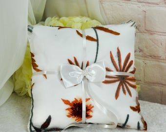 Handmade Floral Embroidered Wedding Ring Pillow with Satin Ribbons
