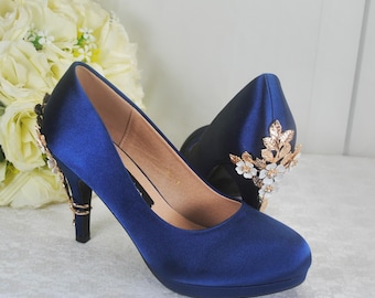 Navy Blue Satin Wedding Shoes: Cherry Blossom Bridal Heels