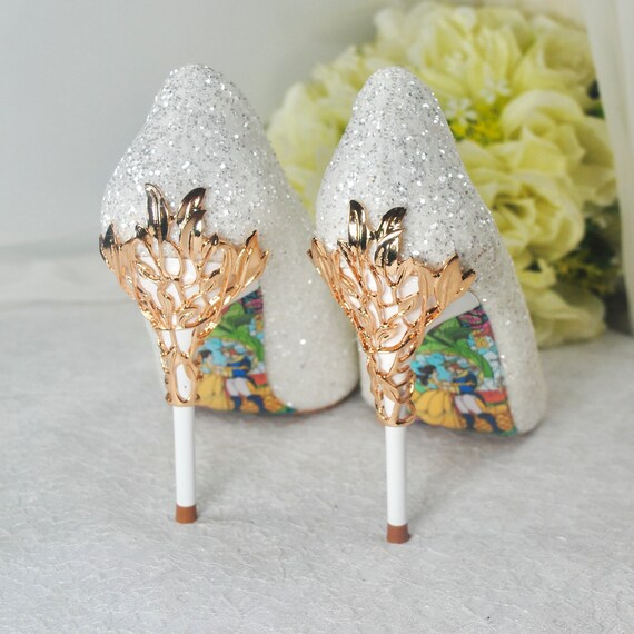 White Wedding Shoes Glitter With Metal Leaf Beautiful