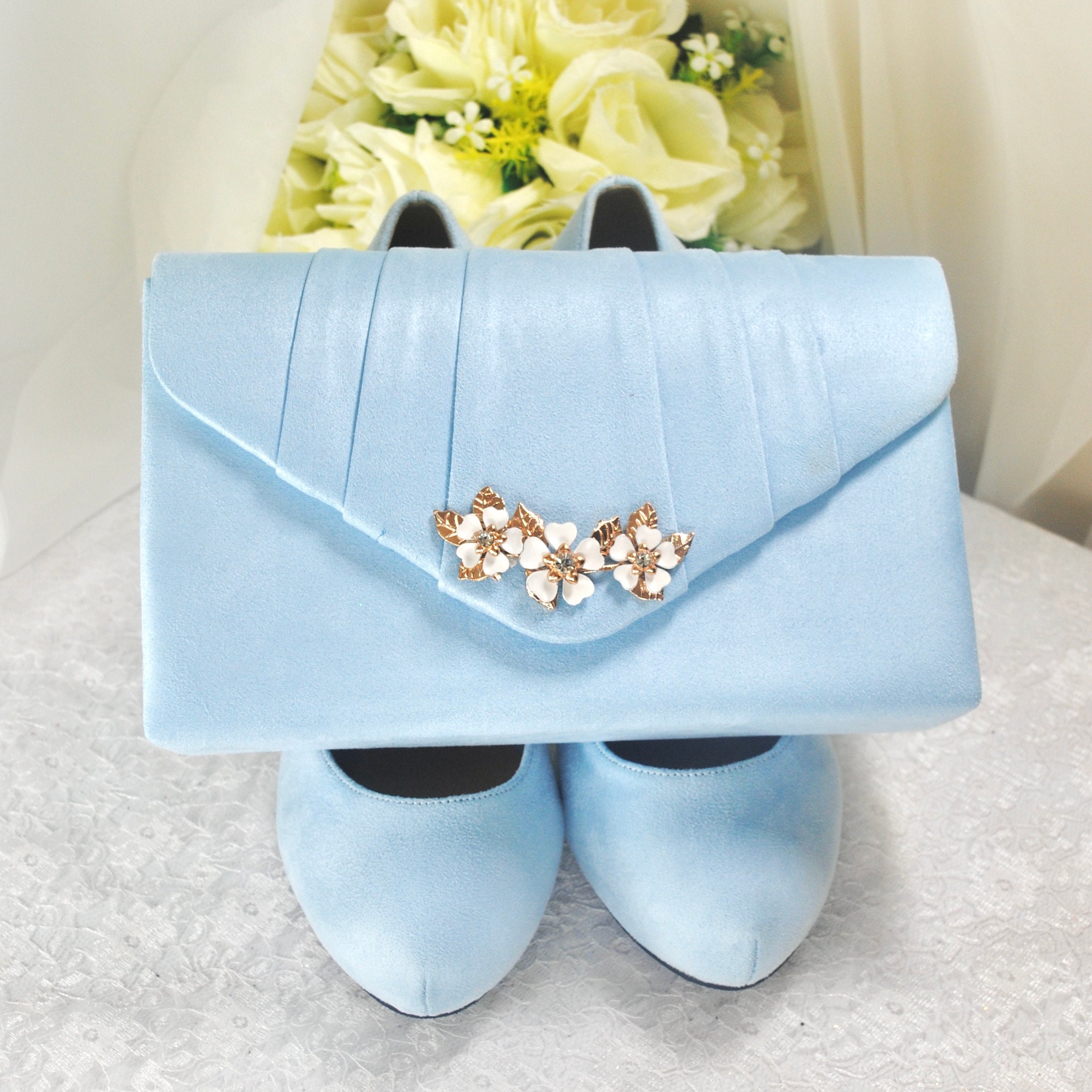 Light Blue Vegan Suede Clutch Bag With Cherry Blossom Floral Embellishment Etsy Ireland