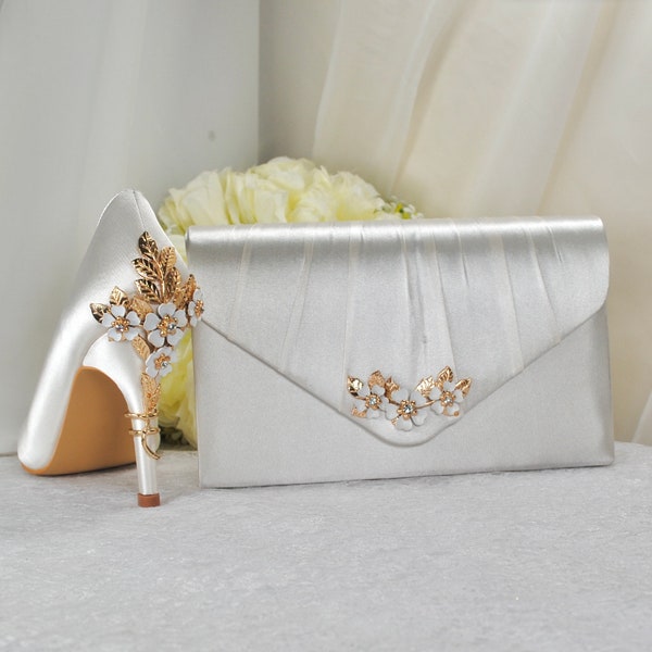 Bridal Satin Clutch Bag with 'Cherry Blossom' Embellishment, Wedding Purse, Box Clutch, Bridal Bag, Evening Bag, Bridesmaid Handbag