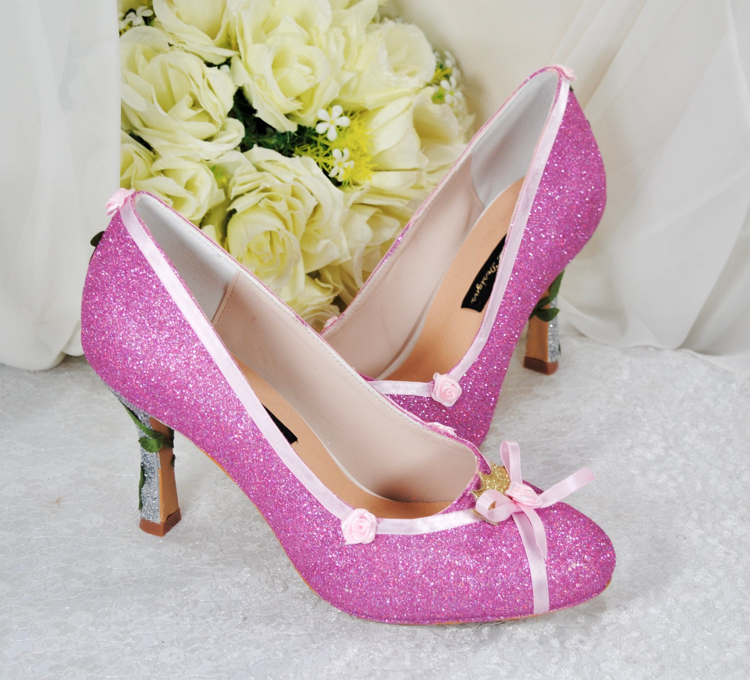 Aurora Wedding Shoes: Glitter Princess Bridal Pumps with Ribbon Flowers