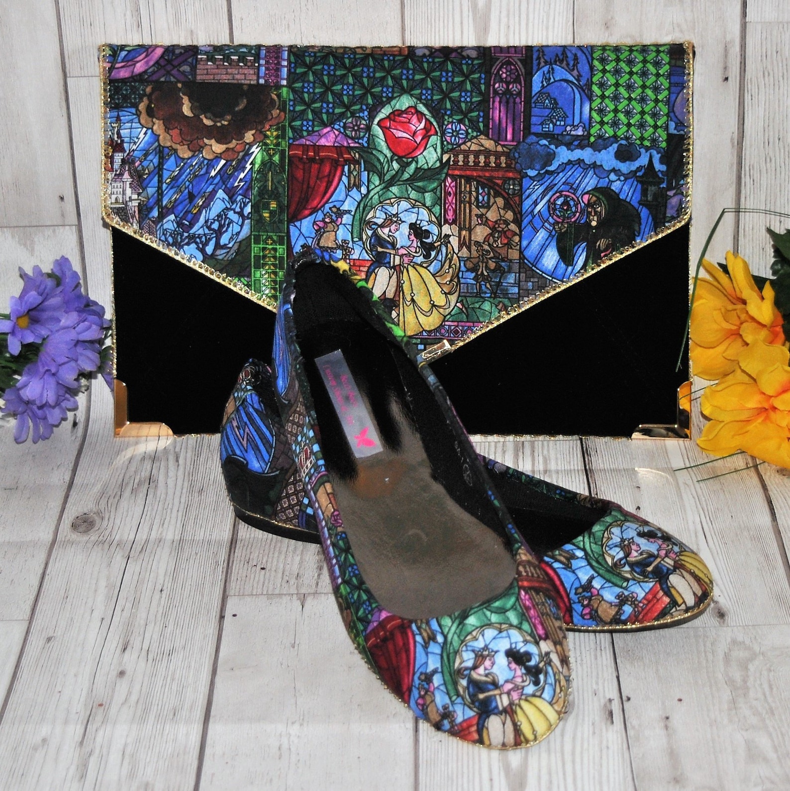 beauty and the beast stained glass fabric ballet flats and clutch bag - wedding party bridesmaid shoes