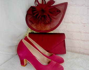 Burgundy Red Satin Block Heels and Clutch Bag Set: Handmade Bridal Shoes