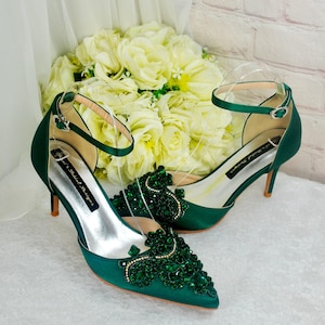 Green Satin Bridal Heels with Ankle Strap - White Wedding Shoes for Bride