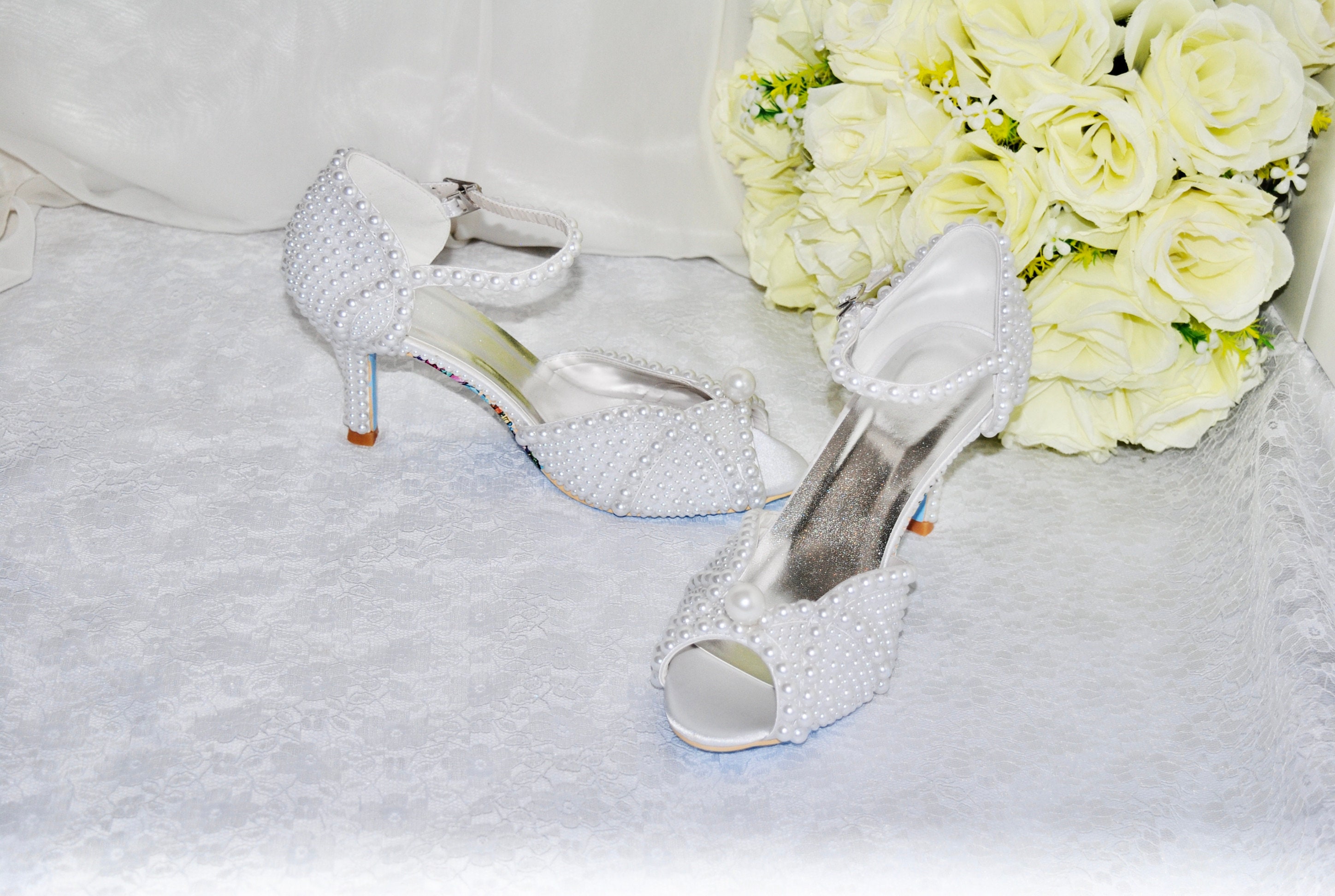 bridal white pearl flat sandals