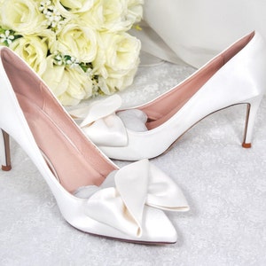 Bridal White Satin with Large Bow - Wedding Bridal Heels Shoes Sandals Bridesmaid Hen Do Engagement Party Custom Vegan Shoe