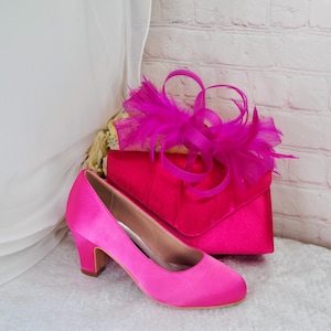 Superbe pochette bibi à talons en satin rose fuchsia, ensemble de mariée assorti chapeau sac à main chaussures pour invité de mariage mère de la mariée