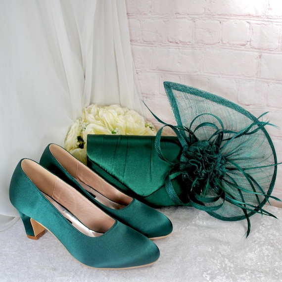 Emerald Green Satin Bridal Set: Heels, Clutch & Fascinator