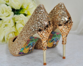 Stunning Gold Princess Sparkling Glitter Wedding Shoes, Beauty and the Beast Bridal Shoe, 9cm Stiletto or 7cm Kitten Heel