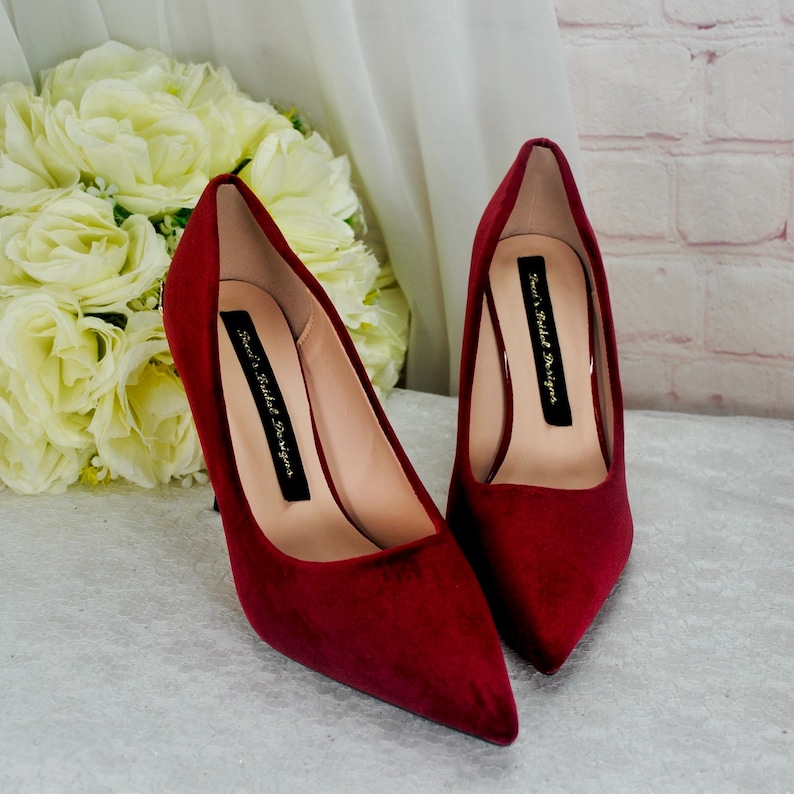 Burgundy Velvet Stiletto Heels with Gold Vine Details, Wine Red Handmade Luxury Bridal Shoes image 4