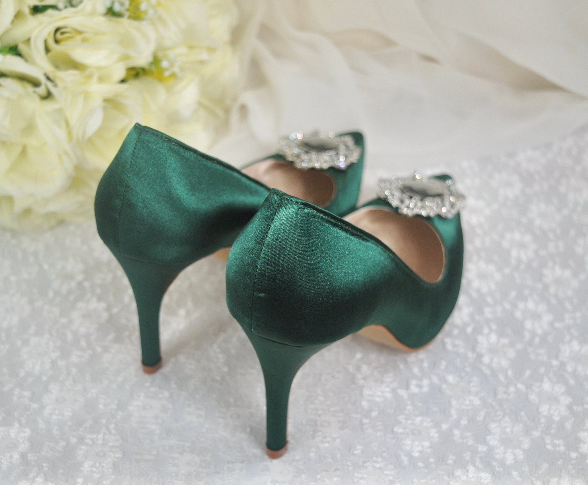 Escarpins Talons Hauts Verts Vintage Ouverts à L'arrière - Taille 8M, Pour Mariage Ou Soirée
