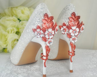 White Glitter Pointed Toe Court Shoes with Rose Gold Flower Heel Blossom