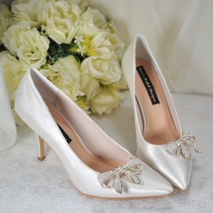Handmade Ivory Satin Bridal Shoes: Pearl Bow Wedding Heels