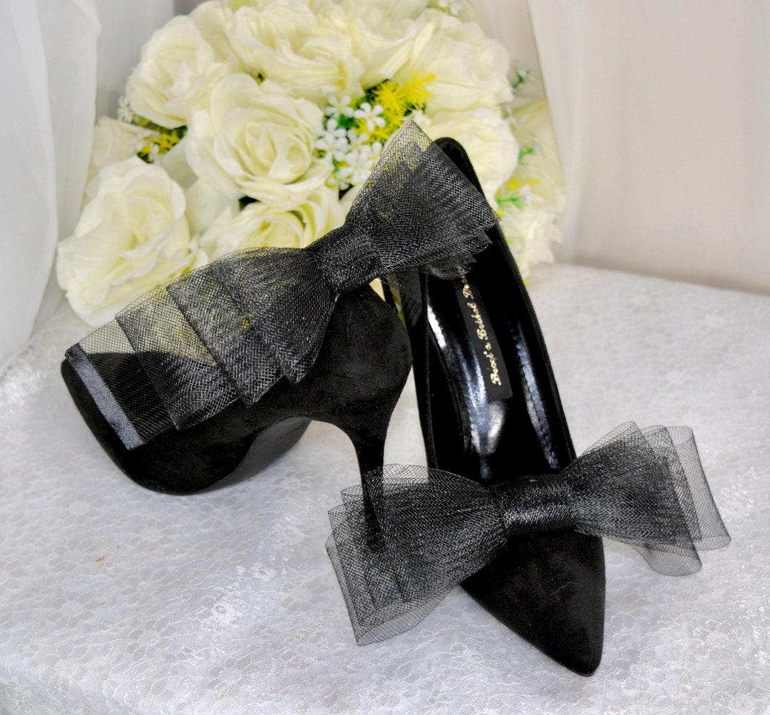 Large Wedding Shoe Clips, Black Bow Clip Bridal Shoe, White Bows