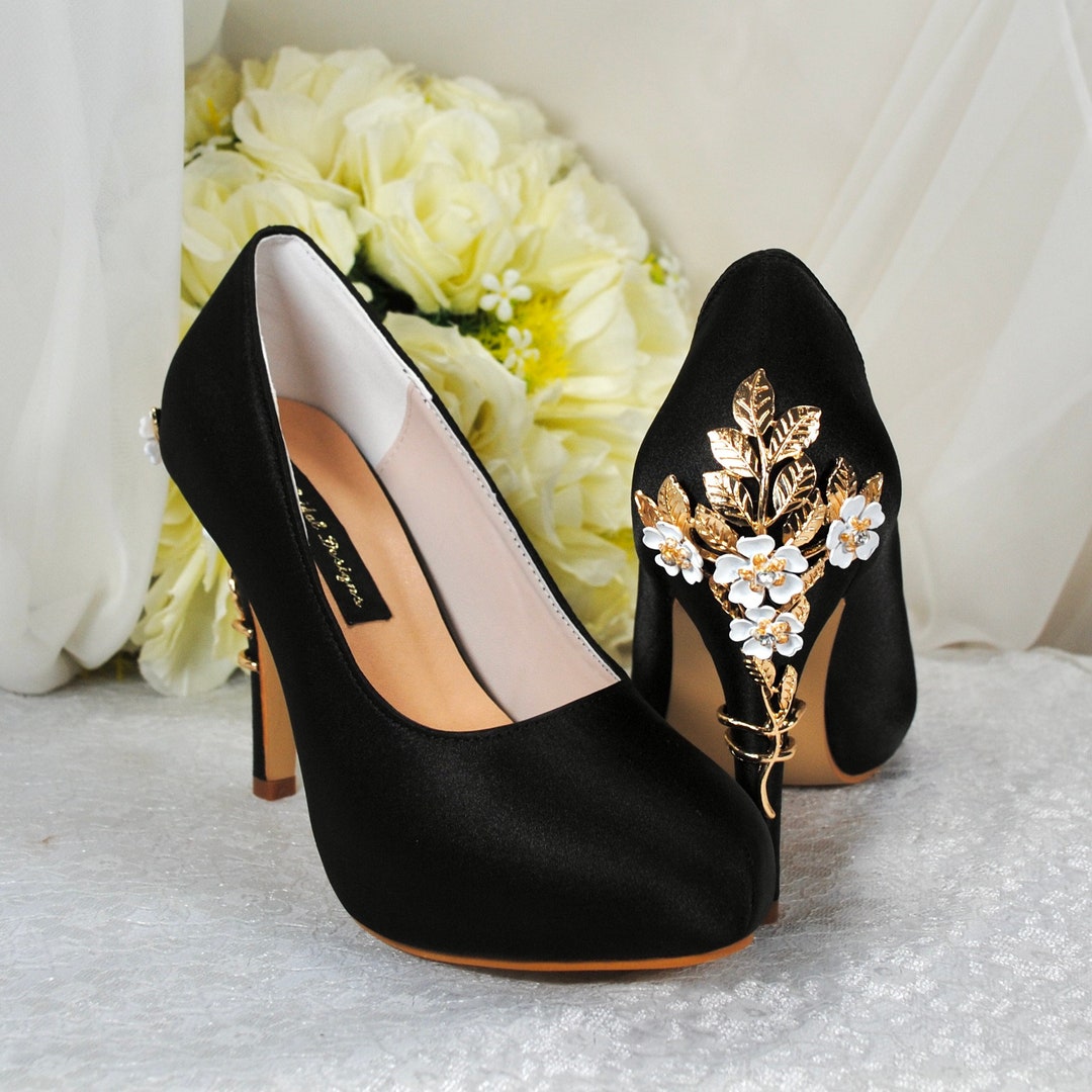 Black Satin Round Toe Shoes With Floral Cherry Blossom Heel