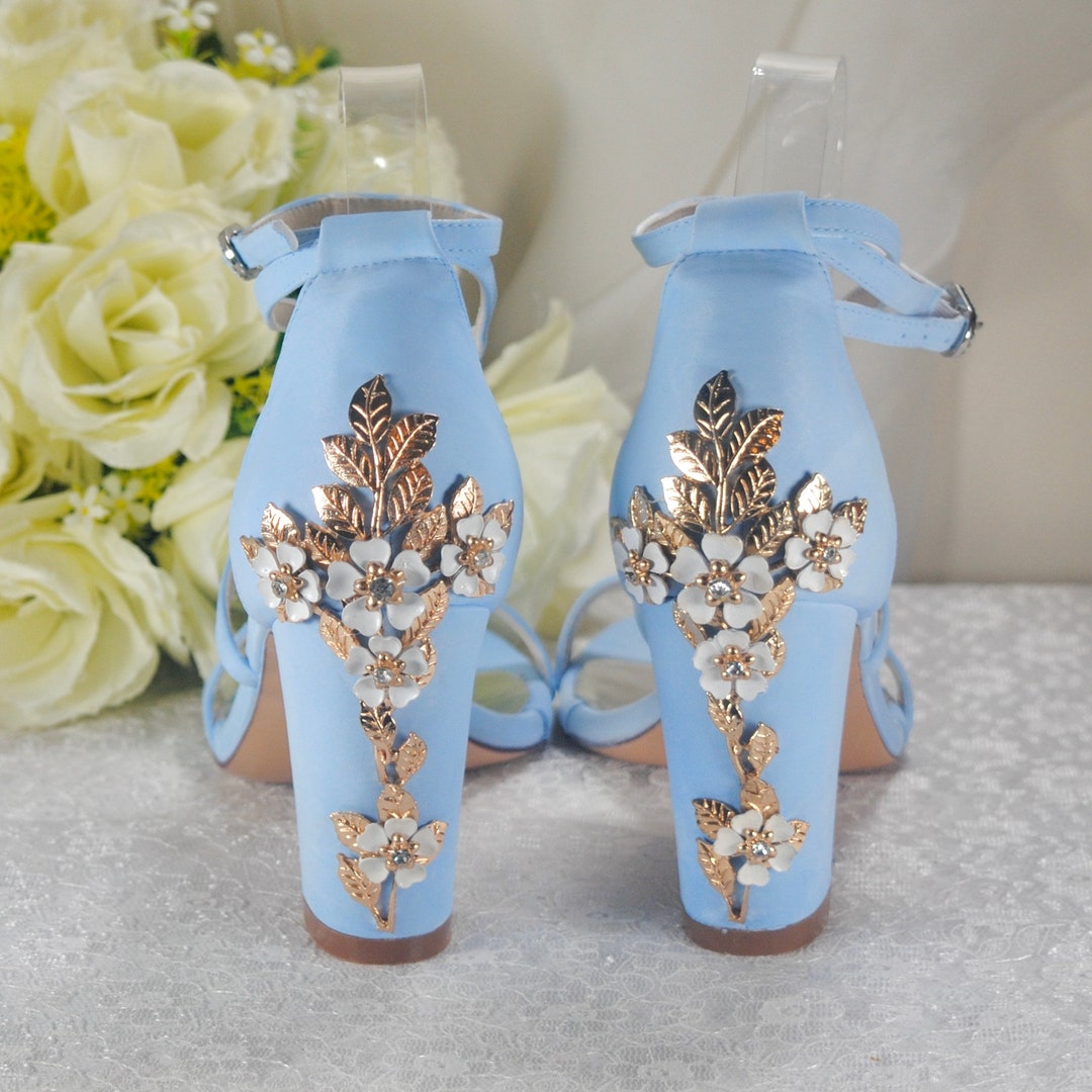 Blue Satin Bridal Sandals: Chunky Block Heel Wedding Shoes With Floral  Blossom - Etsy, image size:1080x1080