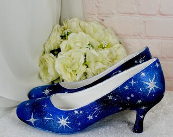 Hand-Painted Celestial Shoes: Round Toe Low Heel Galaxy Bridal Heels