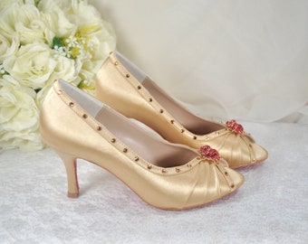 Princess Wedding Shoes: Golden Bridal Heels with Crystal Rose