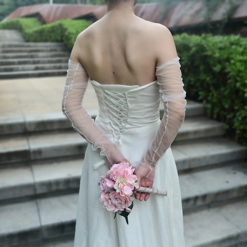 Wedding Veil Alternative, Soft Bridal Tulle Dress Cover, Ivory or White Bolero and Glove Set, Wedding Dress Topper zdjęcie 6
