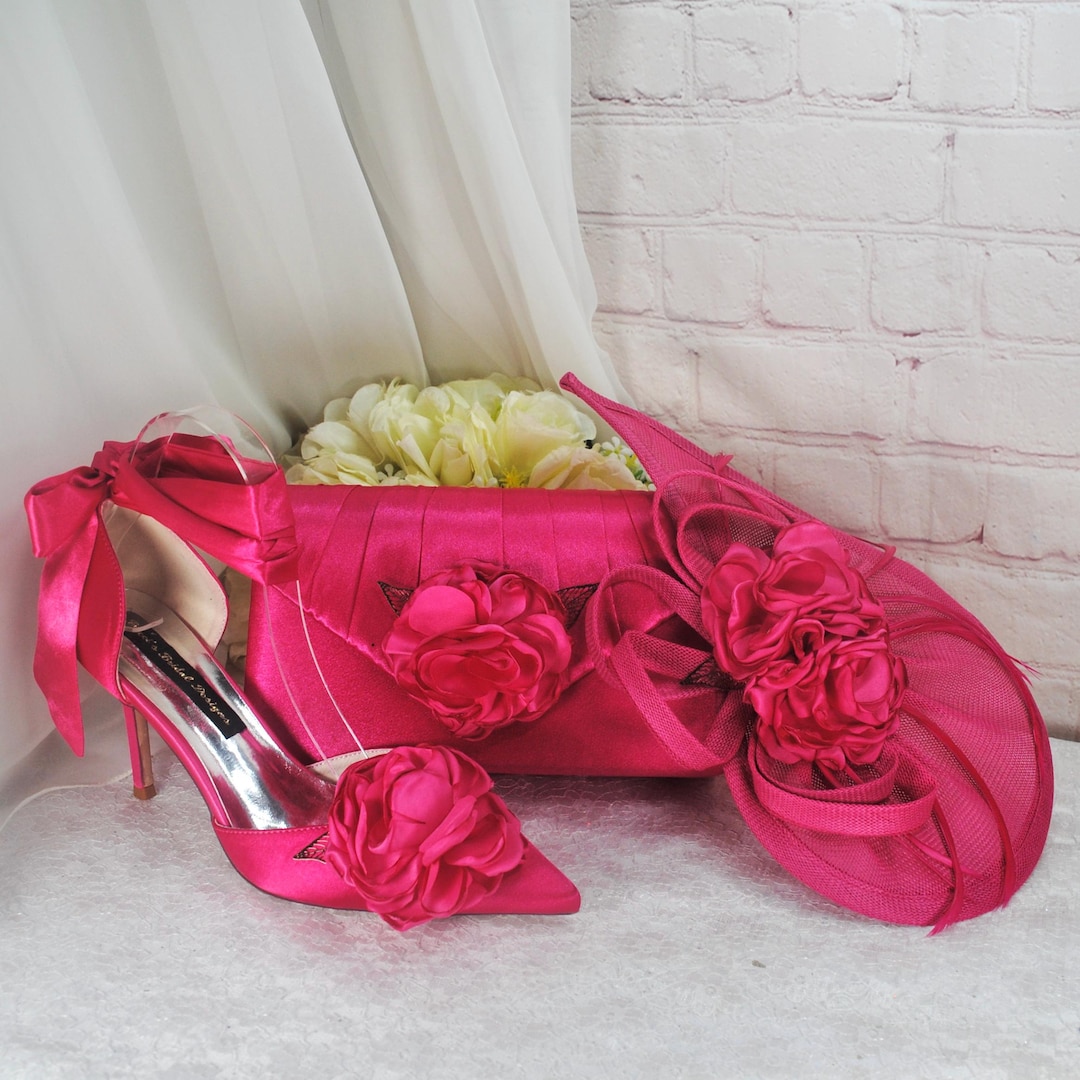 Pink Wedding Guest Shoes And Matching Bag Hot Pink Satin Bridal Set: Heels,  Clutch, Fascinator UK, image size:1080x1080