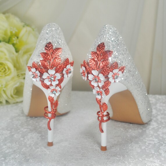 white dress rose gold shoes Glitter Pointed Toe Court With Flower Heel Blossom what shoes go with gold dress
