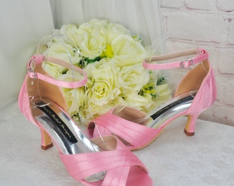 Handmade Pink Satin Bridal Sandals: Kitten Heel Peep Toe Shoes