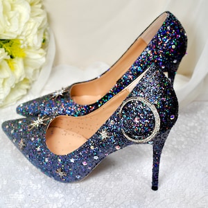 Escarpins bleu marine scintillants scintillants célestes ; Chaussures de mariée faites main, TOUT talon