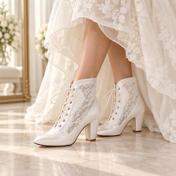 ivory dress boots Vintage Victorian Block Heel Boots: Satin and Lace Bridal Ankle Boot look-brandy-top-calista-green