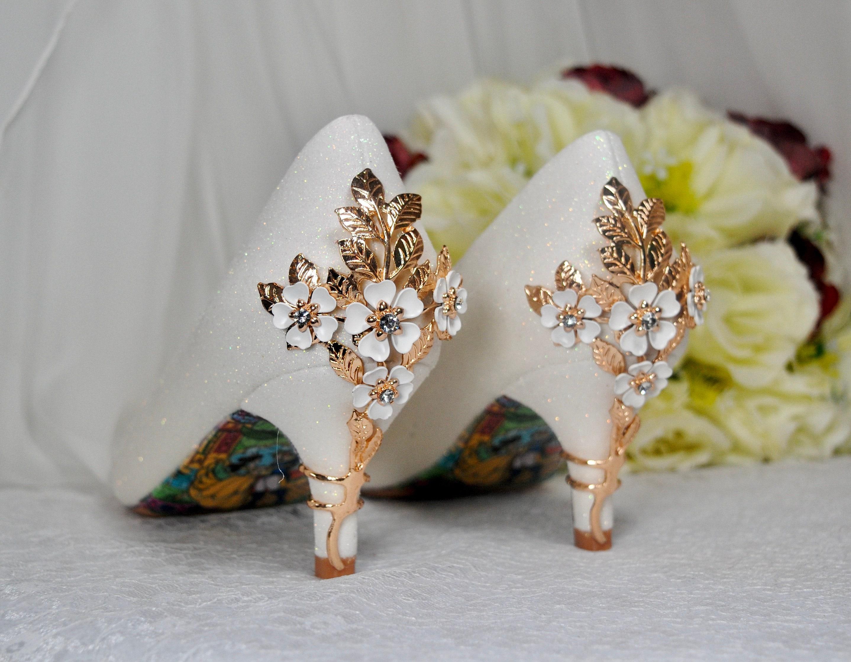 Cherry Blossom Low Heel Ivory Wedding Shoes Embellished Bridal