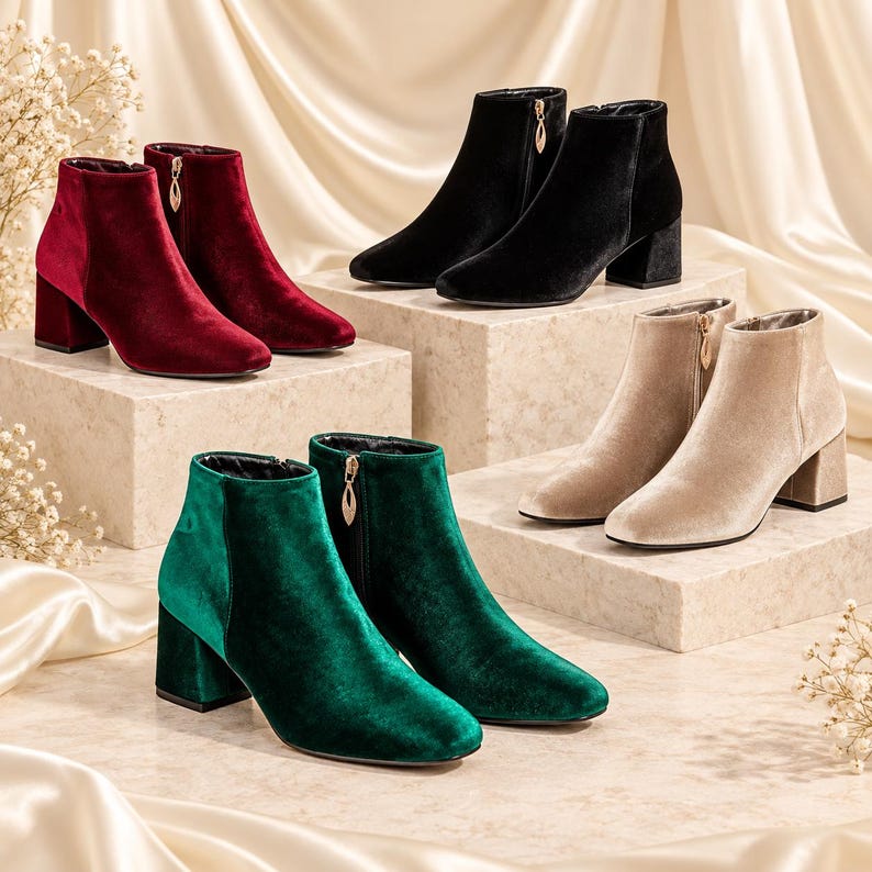 May include: A collection of ankle boots in velvet fabric, featuring a block heel and a side zip with a leaf-shaped pull. The boots are available in four colours: deep red, black, beige, and emerald green, each with a rounded toe design.