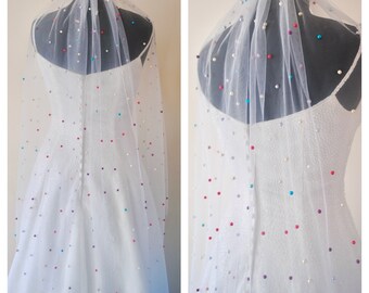 White Pearl Bridal Veil with Rainbow Multi Coloured Pearls, Disco Ball Wedding Veil