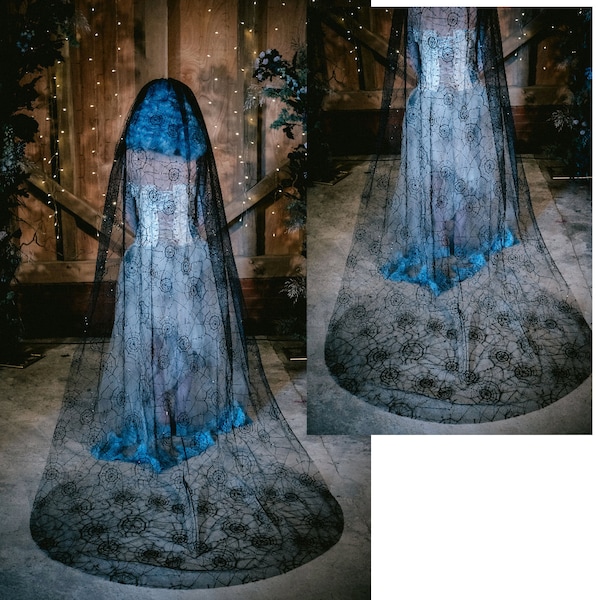 Black Spiderweb Veil, Halloween Wedding, Sequinned, Sparkle Embroidered Veil, Gothic Bride, Cathedral Bridal Veil,
