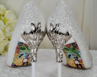 Designer Wedding Shoes, Glitter with Metal Leaf. Beautiful Comfortable Bridal Heels Handmade with Beauty & the Beast Soles - Various Colours