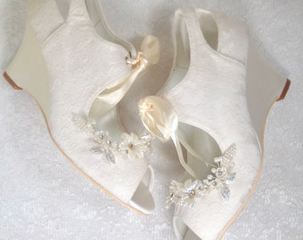 Buy Handmade Lace Wedding Wedge Heels: Ivory Bridal Shoes With 3D - Main Image